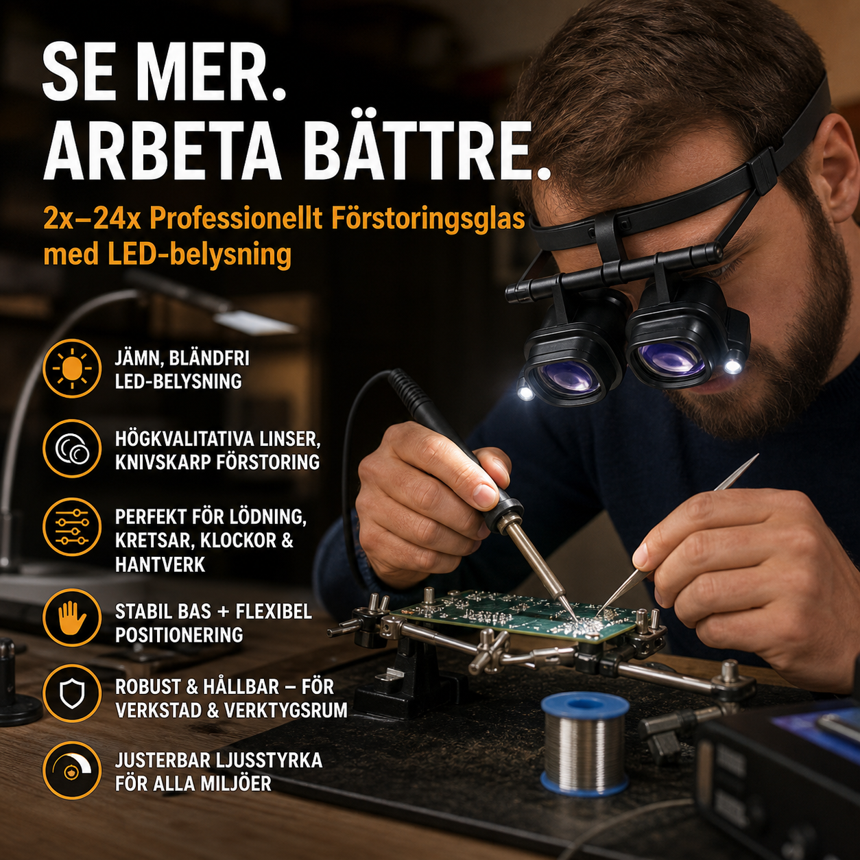 🔬 BEGRÄNSAD TID: 50 % RABATT! ✨ Precisionsglasögon med LED-förstoring – utbytbara linser, dubbla LED-lampor, handsfree 💡