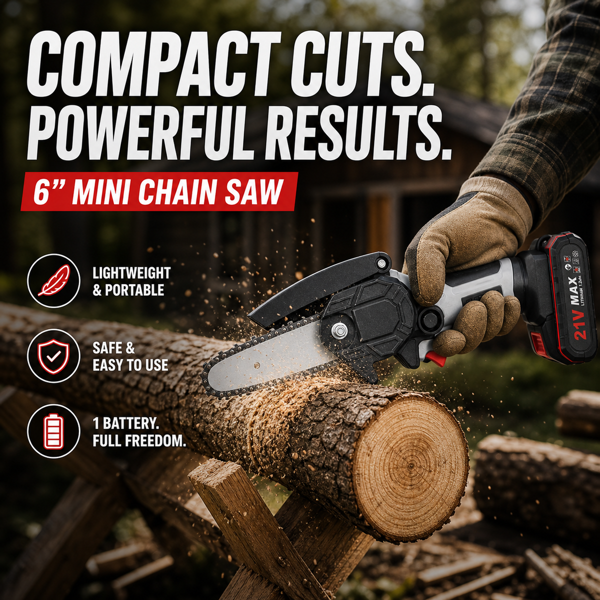 🌲🔋 50% KORTING! Zaag door 30cm dikke stammen met deze 6-inch mini-kettingzaag – 2 accu's, 2580W vermogen, borstelloze motor, automatische kettingsmering. Licht, sterk en snoerloos!