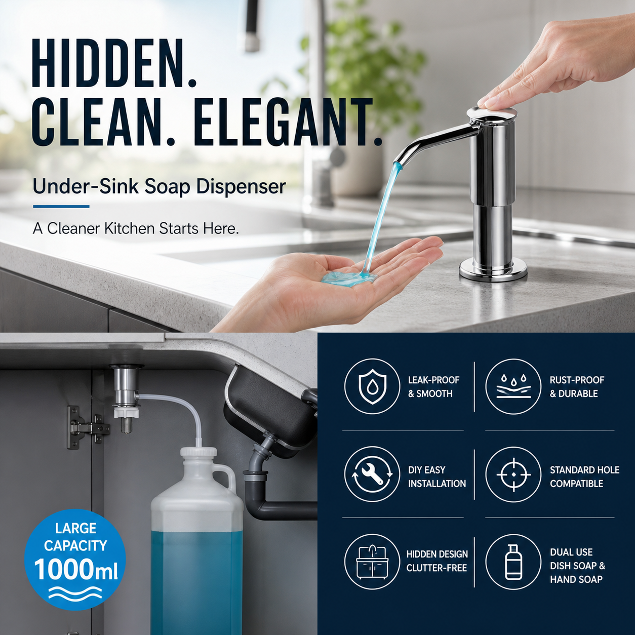 ⏰SCONTO DEL 50% A TEMPO LIMITATO! 🧼🚰 Basta cercare quella scomoda bottiglia di sapone: questo dispenser integrato eroga il sapone quando serve, senza ingombro né fuoriuscite. 🍽️