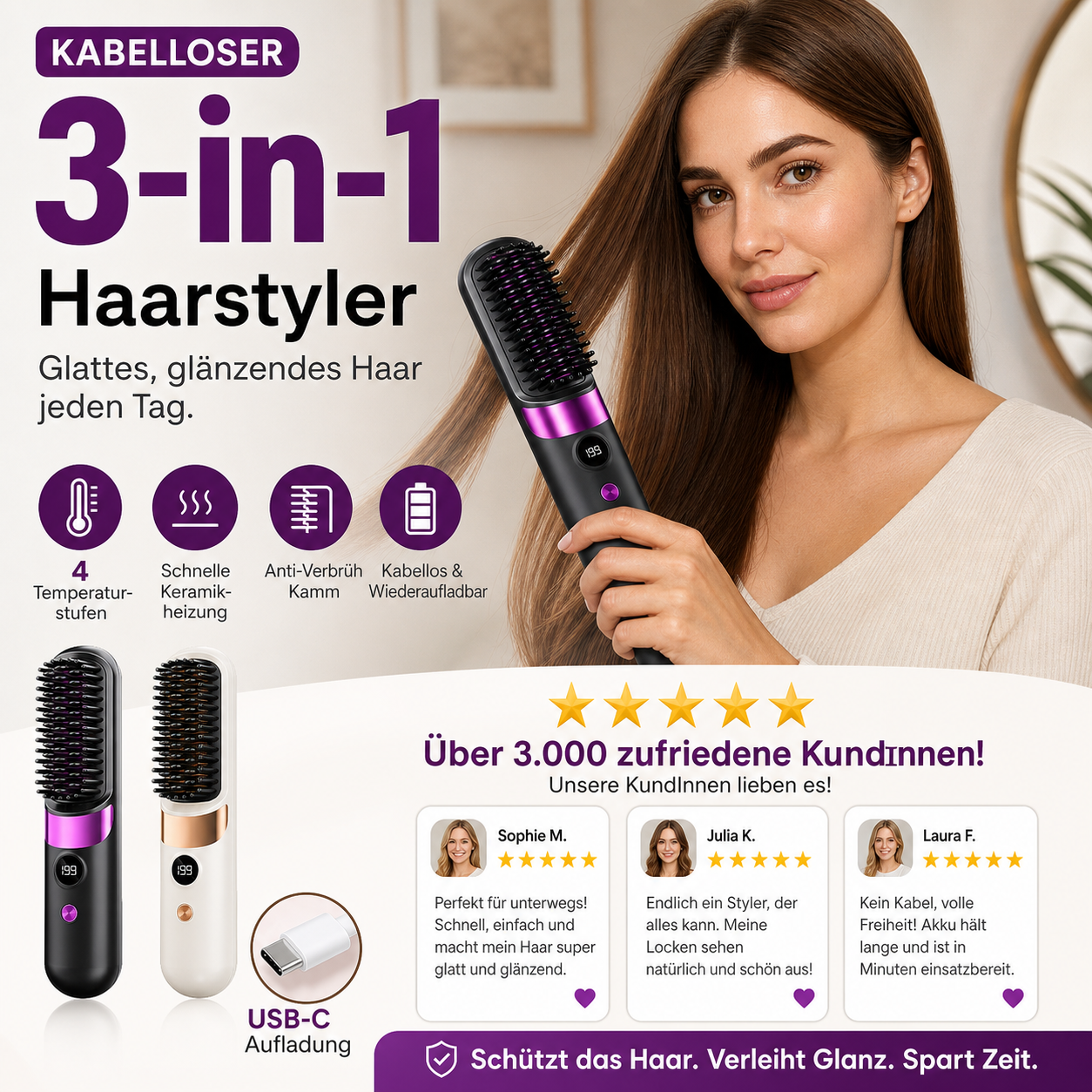💇‍♀️🔥 Spazzola Lisciante 3-in-1 Senza Fili – liscia, arriccia, districca – USB-C, 4 livelli – capelli perfetti ovunque! ✨