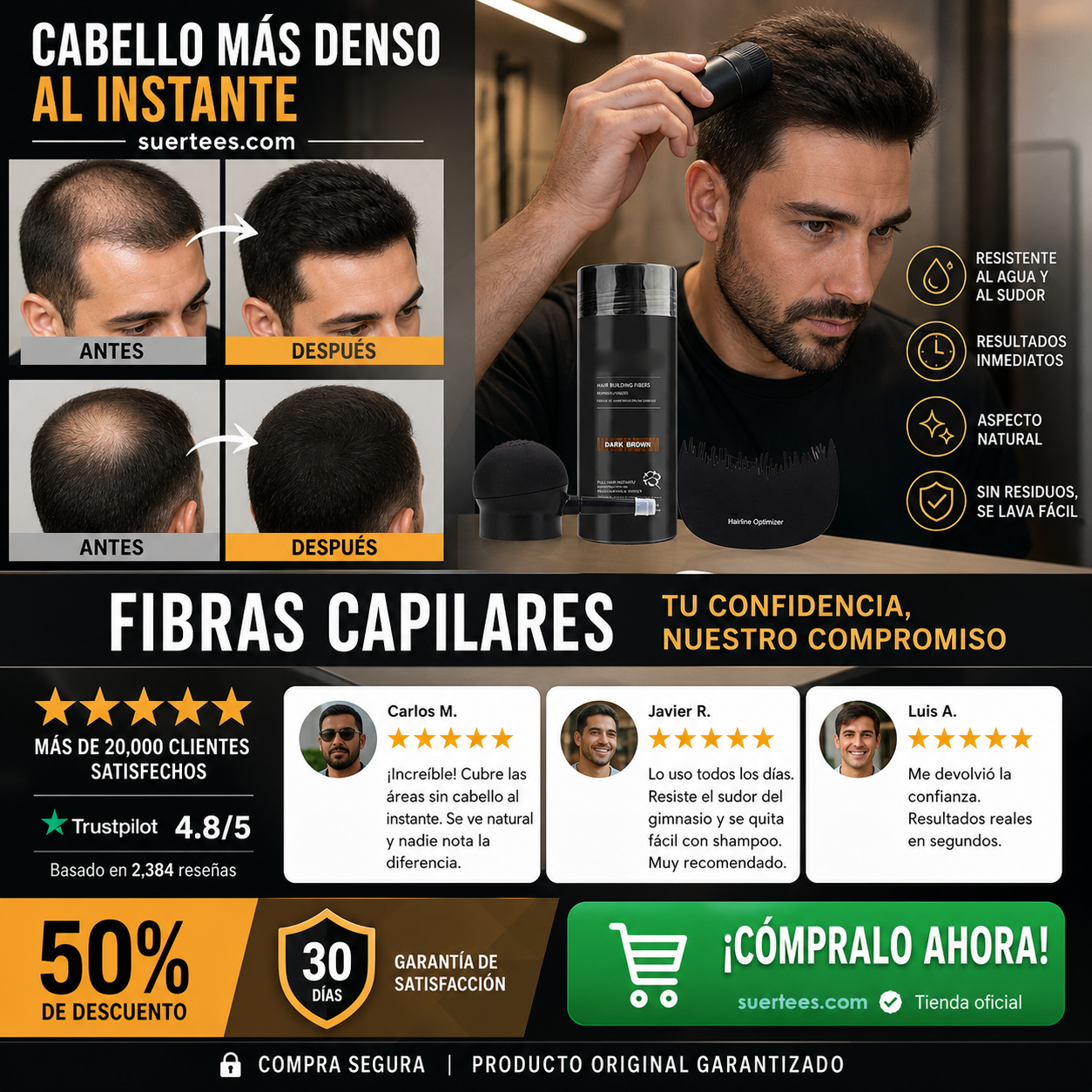 💇 Kit di fibre per infoltire i capelli, appositamente studiato per capelli diradati e zone calve – disponibile in 5 colori, impermeabile e resistente al sudore, per un look naturale immediato. Importato dalla Spagna ✨