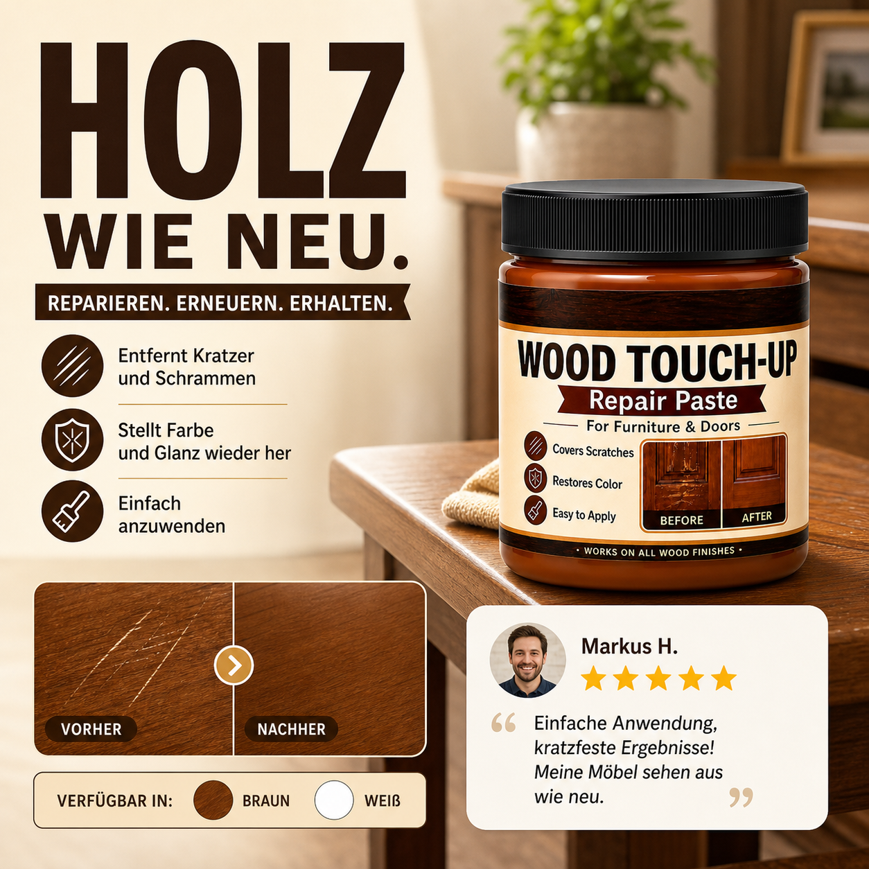 🔥🎁 2+1 GRATIS!!🥳 💞 50K+ VENDUTI! ⚡🧴✨ 50% SCONTO! Kit Professionale per Riparazione Graffi sul Legno