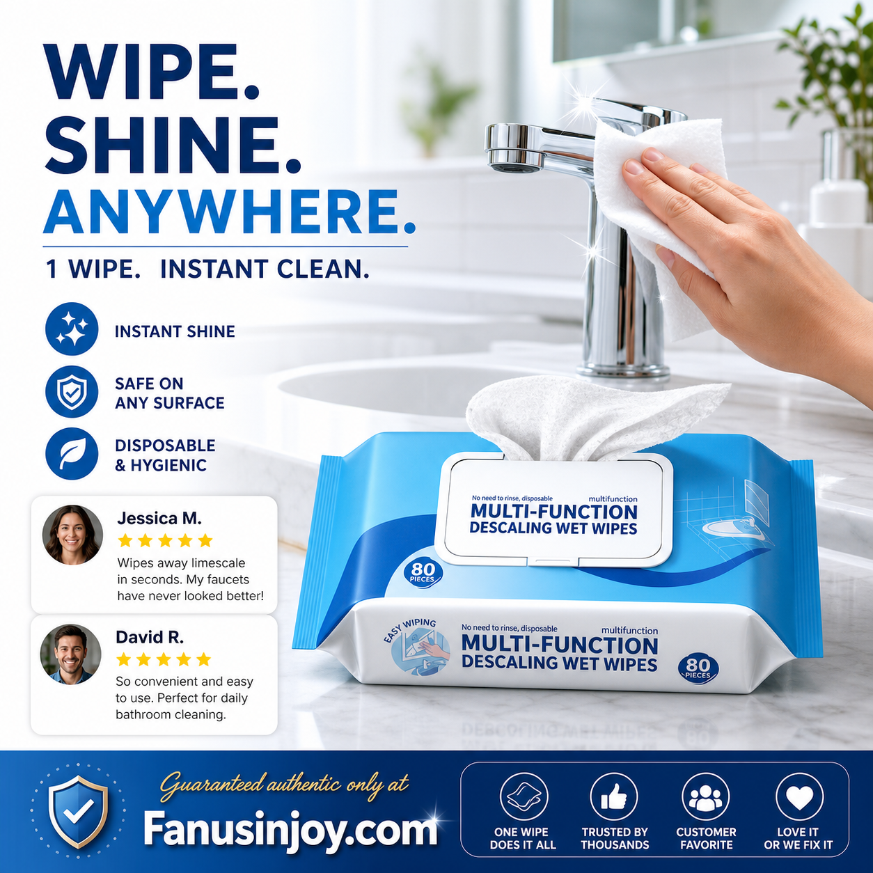 🧻 BUY 3 GET 2 FREE! Multi-Function Bathroom Descaling Cleaning Wipes – Instant Shine Disposable Limescale Remover Wipes, All-Surface Safe for Faucets, Glass, Tile & Bathroom Fixtures