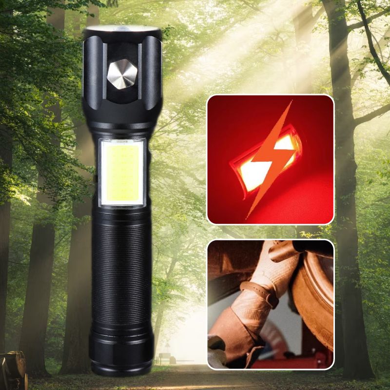 🔦Torcia LED multifunzione laser bianca✨Fascio luminoso fino a 500m, messa a fuoco regolabile. 4 modalità luce, martelletto frangivetro e tagliacinture integrati, ricarica USB per telefono. Impermeabile, lega di alluminio, ideale per campeggio e emergenze✅