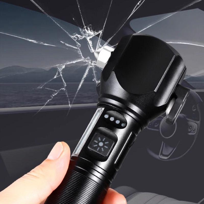 🔦Torcia LED multifunzione laser bianca✨Fascio luminoso fino a 500m, messa a fuoco regolabile. 4 modalità luce, martelletto frangivetro e tagliacinture integrati, ricarica USB per telefono. Impermeabile, lega di alluminio, ideale per campeggio e emergenze✅