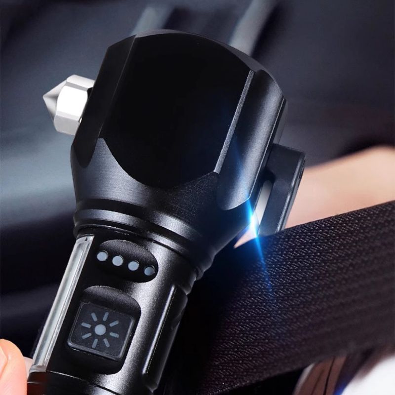 🔦Torcia LED multifunzione laser bianca✨Fascio luminoso fino a 500m, messa a fuoco regolabile. 4 modalità luce, martelletto frangivetro e tagliacinture integrati, ricarica USB per telefono. Impermeabile, lega di alluminio, ideale per campeggio e emergenze✅
