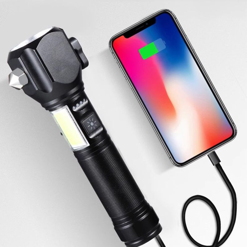 🔦Torcia LED multifunzione laser bianca✨Fascio luminoso fino a 500m, messa a fuoco regolabile. 4 modalità luce, martelletto frangivetro e tagliacinture integrati, ricarica USB per telefono. Impermeabile, lega di alluminio, ideale per campeggio e emergenze✅