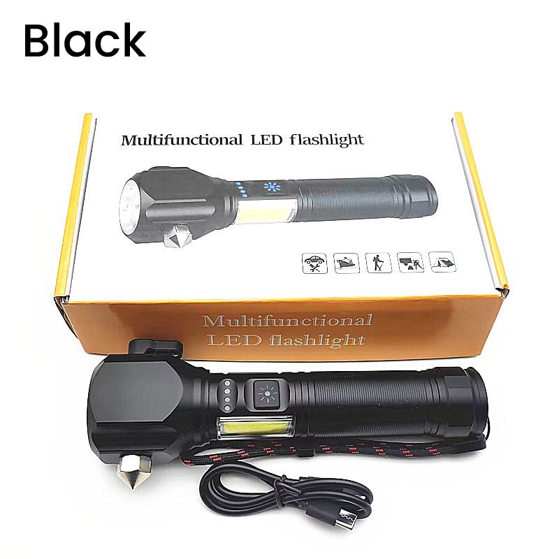 🔦Torcia LED multifunzione laser bianca✨Fascio luminoso fino a 500m, messa a fuoco regolabile. 4 modalità luce, martelletto frangivetro e tagliacinture integrati, ricarica USB per telefono. Impermeabile, lega di alluminio, ideale per campeggio e emergenze✅