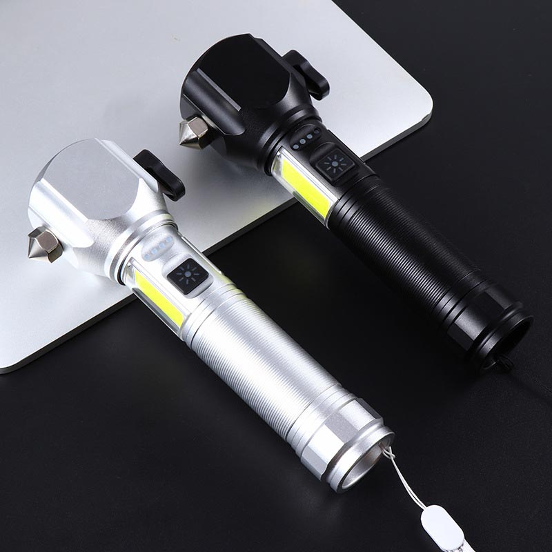 🔦Torcia LED multifunzione laser bianca✨Fascio luminoso fino a 500m, messa a fuoco regolabile. 4 modalità luce, martelletto frangivetro e tagliacinture integrati, ricarica USB per telefono. Impermeabile, lega di alluminio, ideale per campeggio e emergenze✅