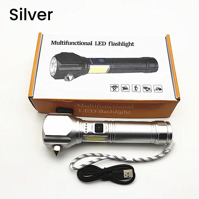 🔦Torcia LED multifunzione laser bianca✨Fascio luminoso fino a 500m, messa a fuoco regolabile. 4 modalità luce, martelletto frangivetro e tagliacinture integrati, ricarica USB per telefono. Impermeabile, lega di alluminio, ideale per campeggio e emergenze✅