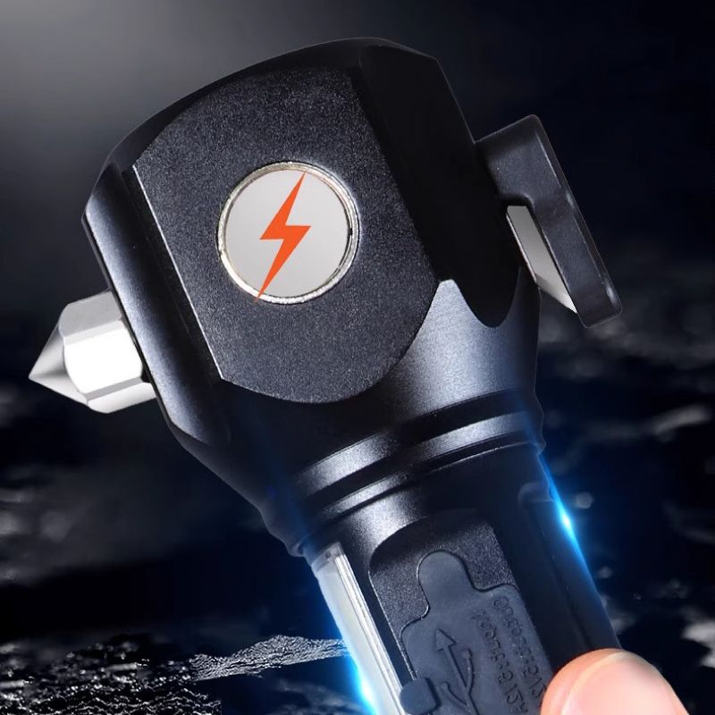 🔦Torcia LED multifunzione laser bianca✨Fascio luminoso fino a 500m, messa a fuoco regolabile. 4 modalità luce, martelletto frangivetro e tagliacinture integrati, ricarica USB per telefono. Impermeabile, lega di alluminio, ideale per campeggio e emergenze✅