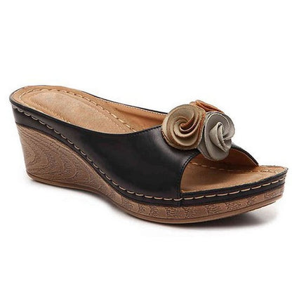 Womens Comfy Leather Solid Flower Strap Wedge Sandals