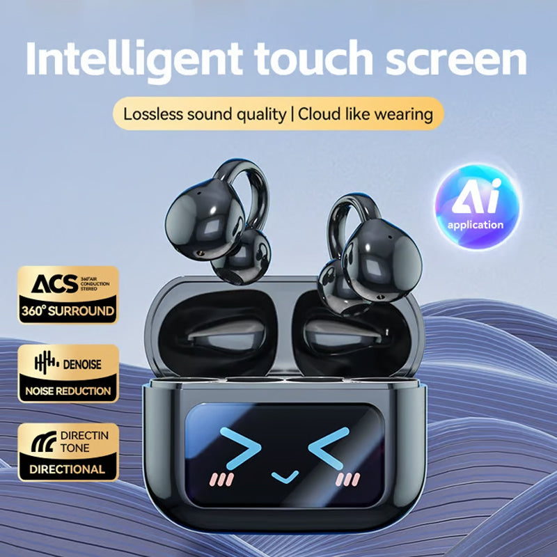 Auricolari clip-on con schermo a colori, supportano 134 lingue, Bluetooth V6.0, sono impermeabili, hanno un design ergonomico e offrono fino a 40 ore di autonomia