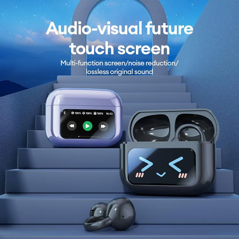 Auricolari clip-on con schermo a colori, supportano 134 lingue, Bluetooth V6.0, sono impermeabili, hanno un design ergonomico e offrono fino a 40 ore di autonomia