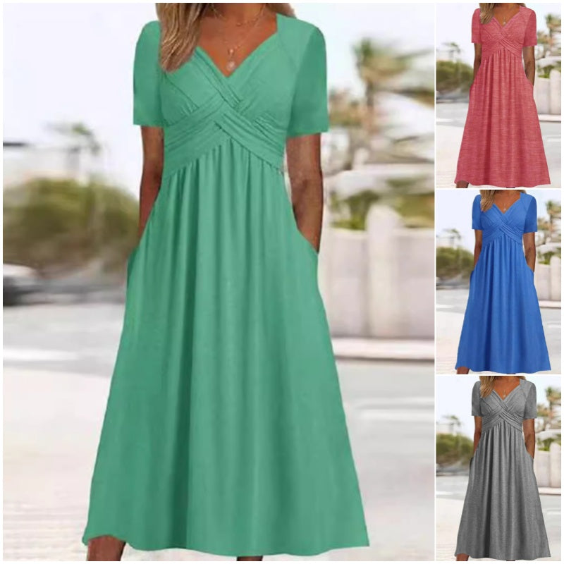 Abito lungo da donna con scollo a V e maniche corte