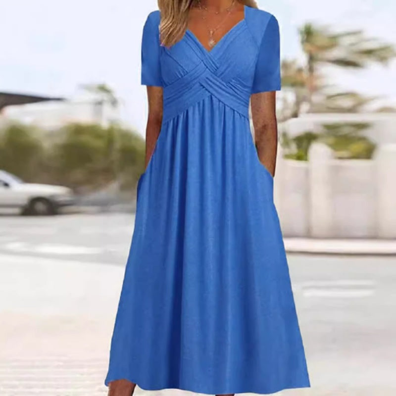 Abito lungo da donna con scollo a V e maniche corte
