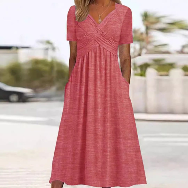 Abito lungo da donna con scollo a V e maniche corte