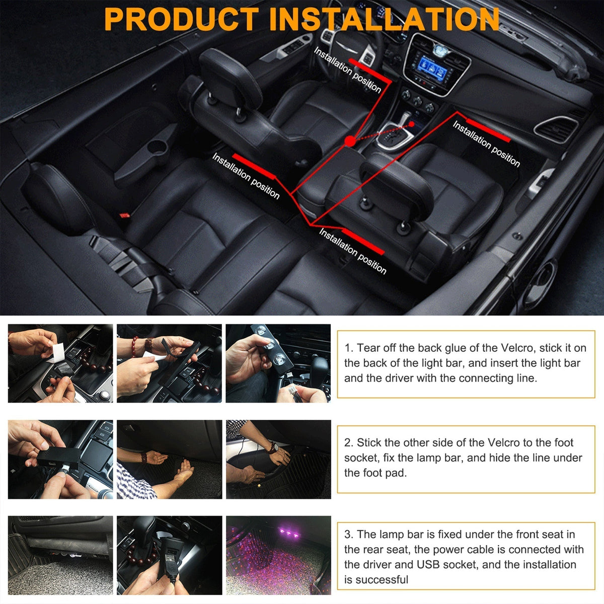 Luci stellate USB per interni auto, 4 pezzi | 7 colori, controllo vocale e telecomando