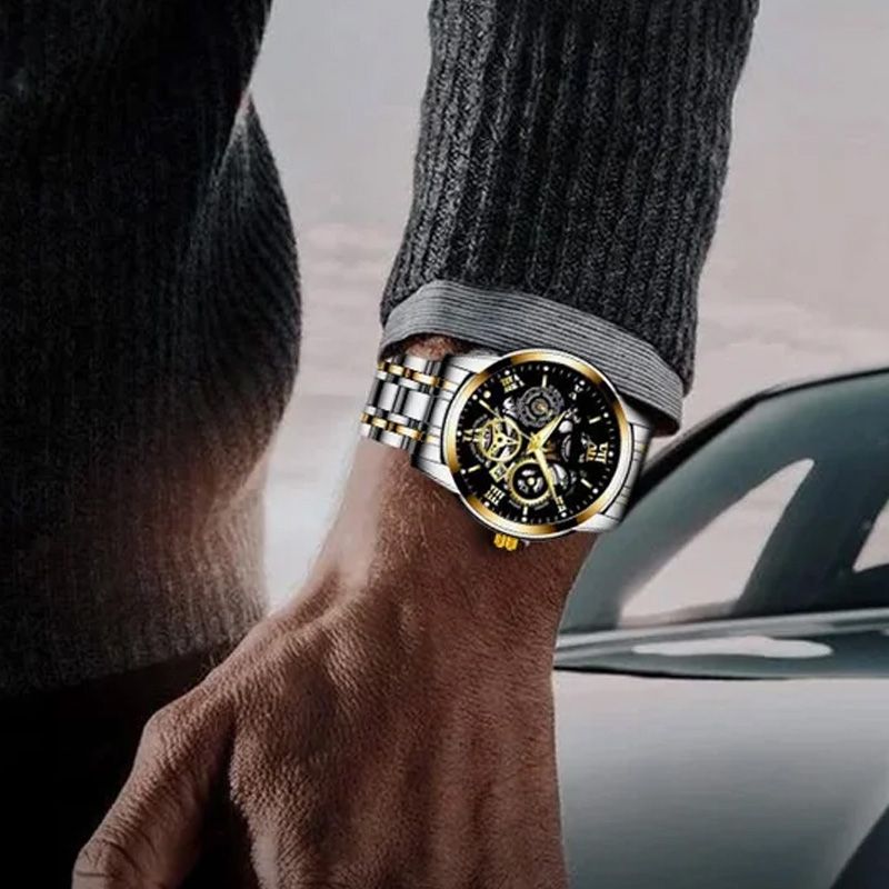 Orologio meccanico automatico da uomo impermeabile con quadrante scheletrato e numeri romani