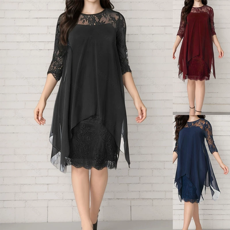 📢📢40% DI SCONTO!! ⏰Abito Elegante da Donna con Orlo Asimmetrico e Pizzo🌺