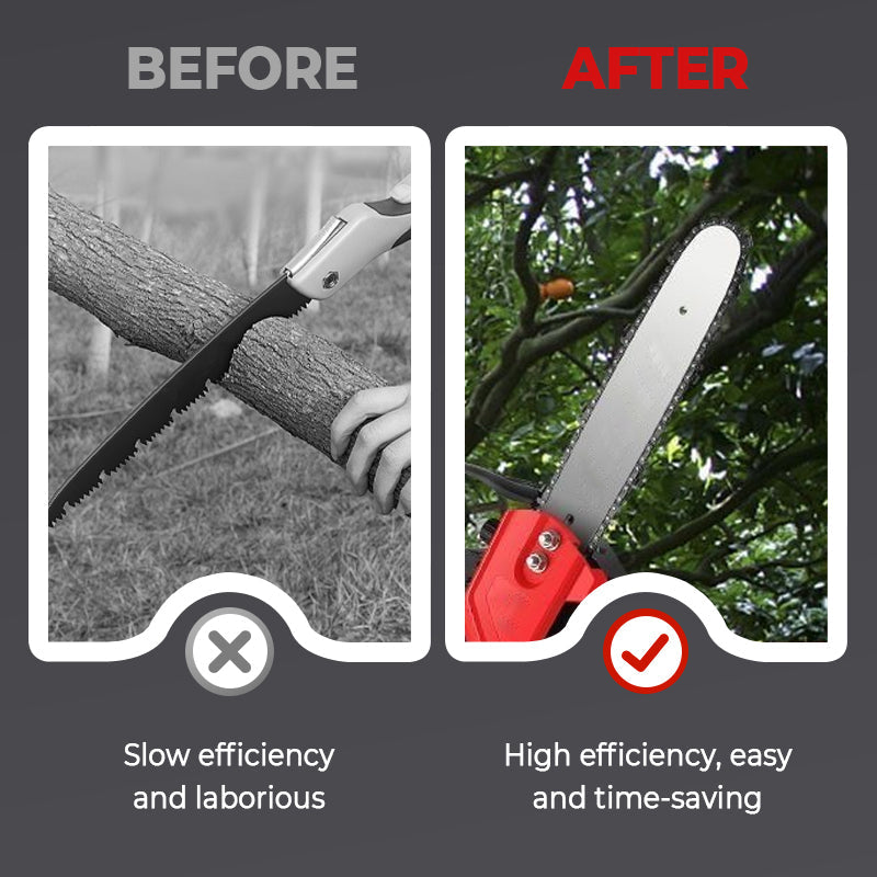 Motosega a batteria agli ioni di litio 🪚 — Motore in rame puro | Taglio rapido, nessun inceppamento | Protezione contro l'avvio accidentale | Paraschegge | Versatile per giardinaggio, potatura e taglio della legna da ardere 🔥