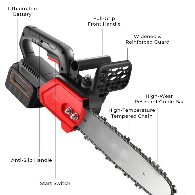 Motosega a batteria agli ioni di litio 🪚 — Motore in rame puro | Taglio rapido, nessun inceppamento | Protezione contro l'avvio accidentale | Paraschegge | Versatile per giardinaggio, potatura e taglio della legna da ardere 🔥