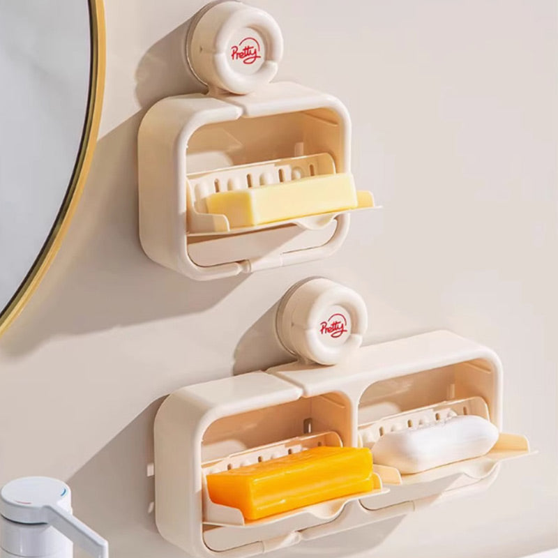 🧼✨ Portasapone da parete con ventosa e coperchio ribaltabile – Dì Addio al sapone bagnato e alla sporcizia! 🚫 Montaggio senza fori, vassoio raccogliacqua, facile da pulire, per bagno 🛁 ✨