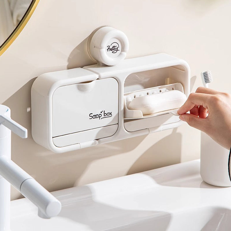 🧼✨ Portasapone da parete con ventosa e coperchio ribaltabile – Dì Addio al sapone bagnato e alla sporcizia! 🚫 Montaggio senza fori, vassoio raccogliacqua, facile da pulire, per bagno 🛁 ✨