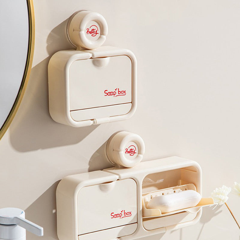 🧼✨ Portasapone da parete con ventosa e coperchio ribaltabile – Dì Addio al sapone bagnato e alla sporcizia! 🚫 Montaggio senza fori, vassoio raccogliacqua, facile da pulire, per bagno 🛁 ✨