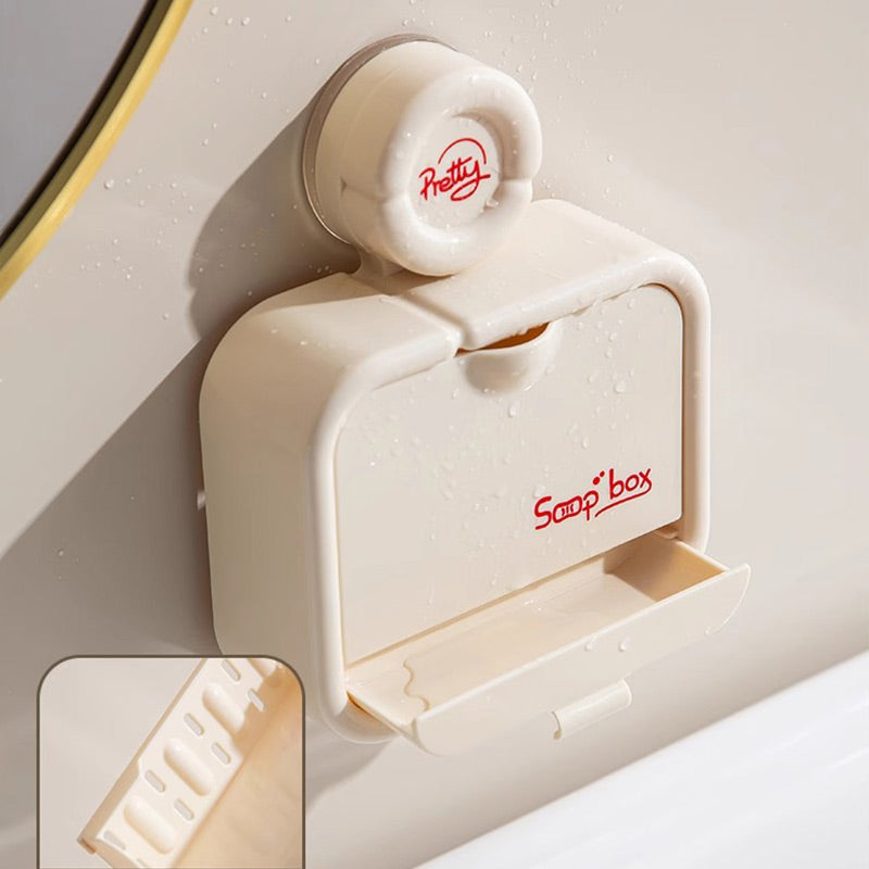 🧼✨ Portasapone da parete con ventosa e coperchio ribaltabile – Dì Addio al sapone bagnato e alla sporcizia! 🚫 Montaggio senza fori, vassoio raccogliacqua, facile da pulire, per bagno 🛁 ✨