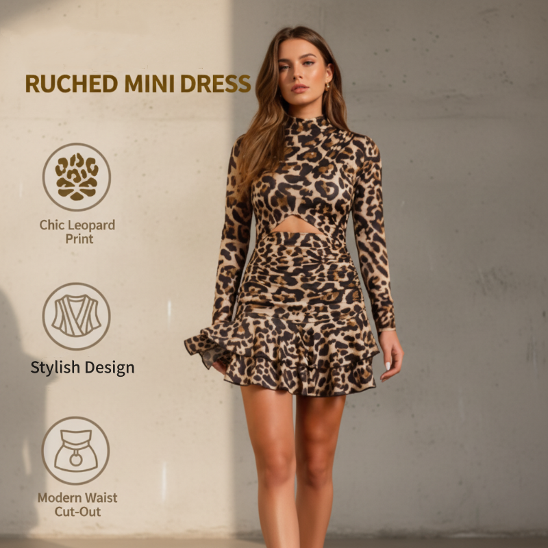 Abito Mini Arricciato con Stampa Leopardata da Donna