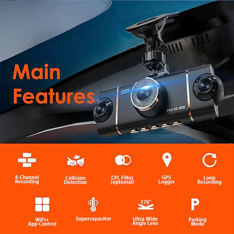🏆Sconto del 50%!🚗Dashcam HD a 4 canali con registrazione anteriore, interna e posteriore🎥
