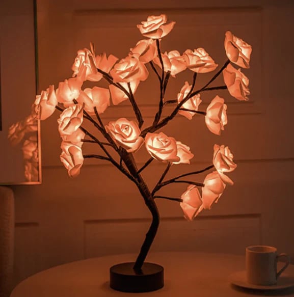 Lampada da Tavolo a Forma di Albero con Fiori di Rosa