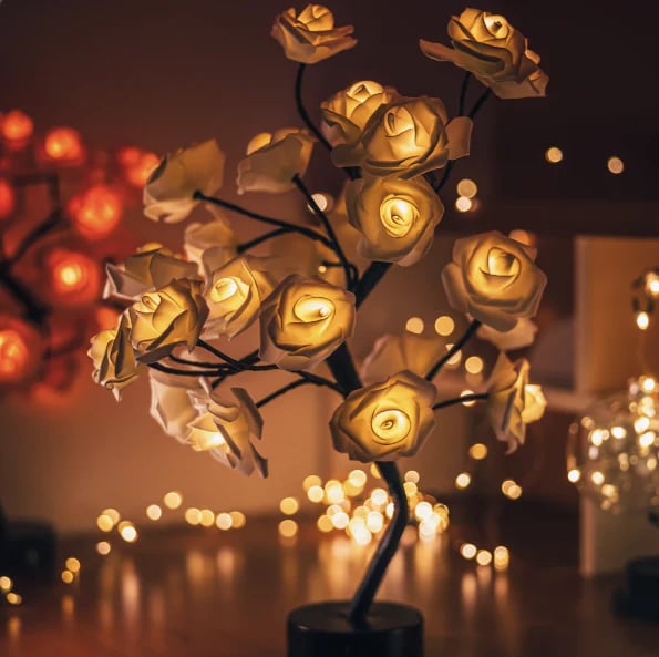 Lampada da Tavolo a Forma di Albero con Fiori di Rosa