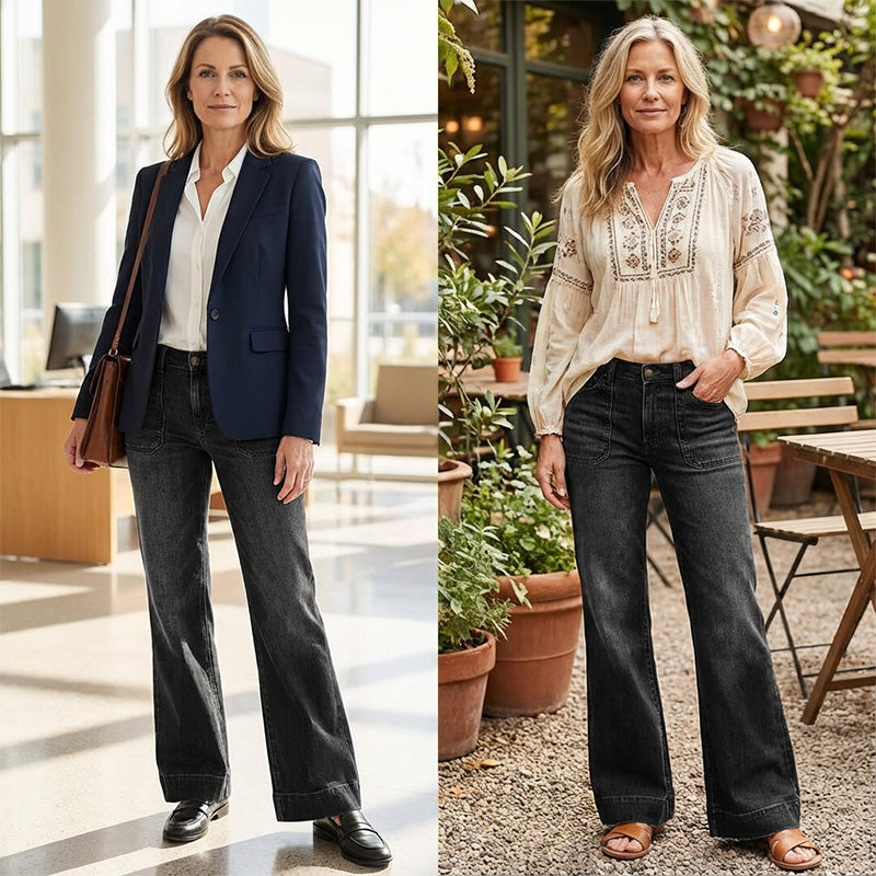 Jeans a zampa da donna retrò con tasche