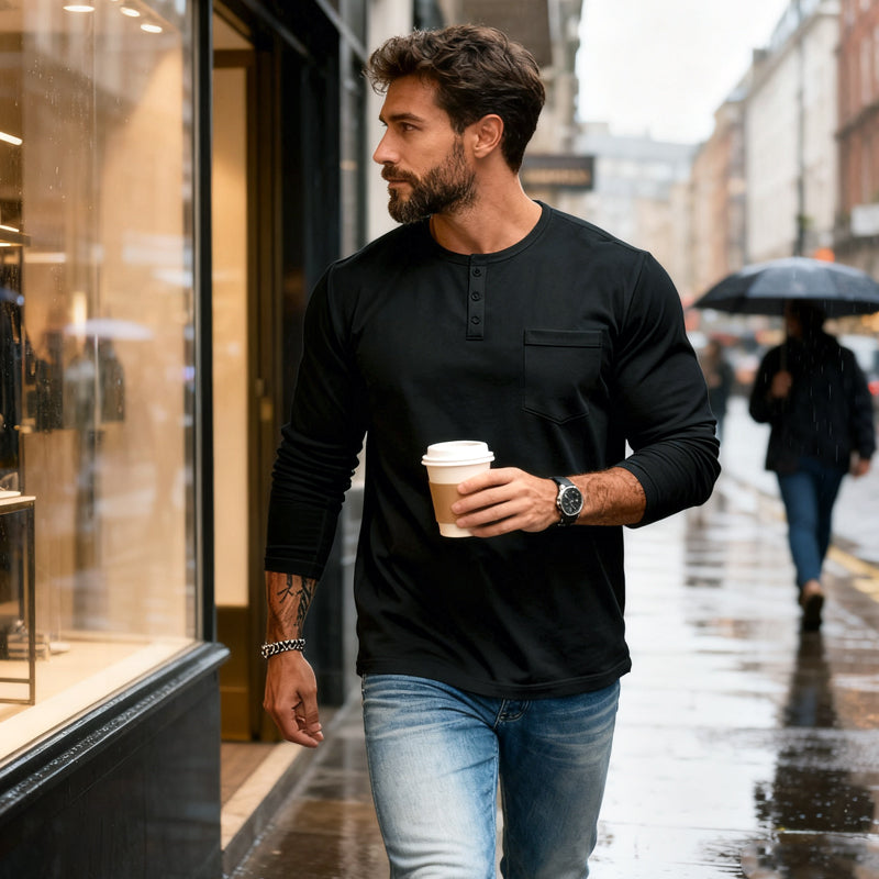 T-shirt Uomo Henley Manica Lunga Slim Fit