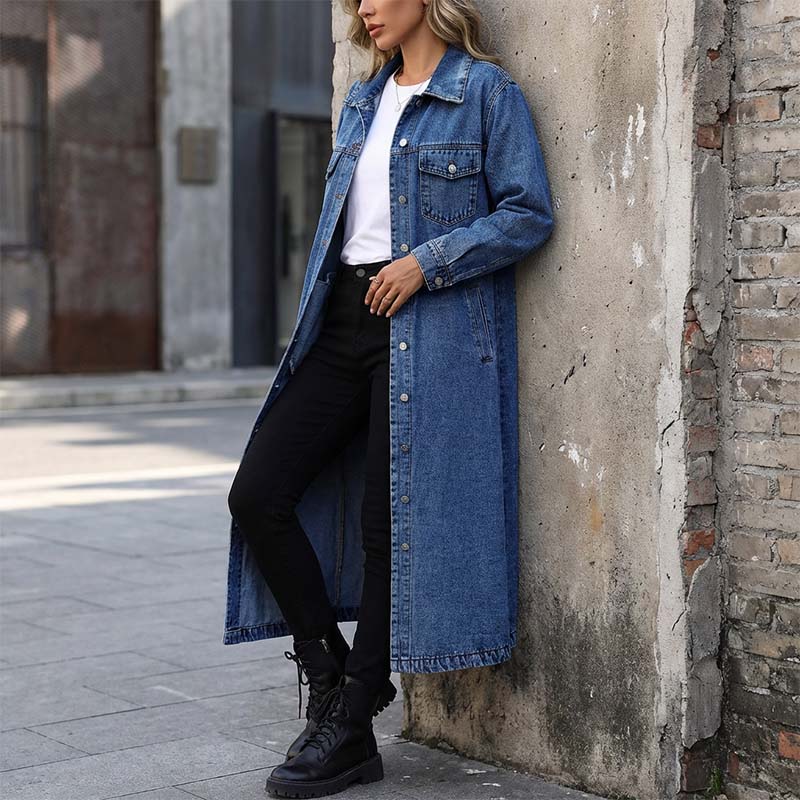 🎁Nuovo arrivo - 50% di sconto💥Cappotto lungo casual da donna in denim con bottoni🤠💙✨