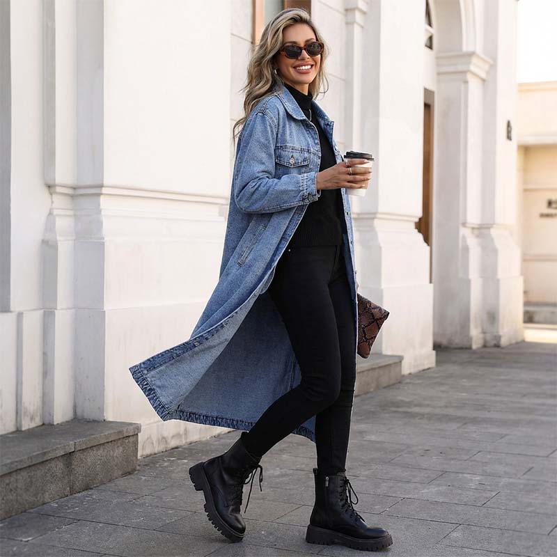 🎁Nuovo arrivo - 50% di sconto💥Cappotto lungo casual da donna in denim con bottoni🤠💙✨