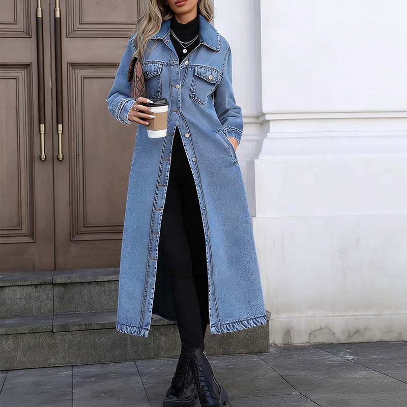 🎁Nuovo arrivo - 50% di sconto💥Cappotto lungo casual da donna in denim con bottoni🤠💙✨