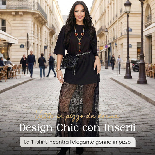 Abito Lungo da Donna a Maniche Corte con Inserti in Pizzo