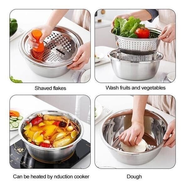🥣 50% DI SCONTO ORA! Contenitore multifunzionale in acciaio inox dalla Germania – Set da 3 pezzi – perfetto per setacciare, grattugiare e conservare – acciaio inox 201 certificato alimentare 🍽️✨