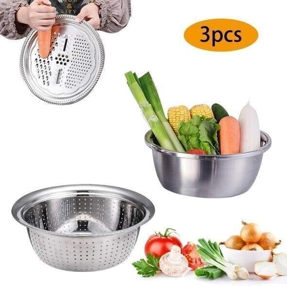 🥣 50% DI SCONTO ORA! Contenitore multifunzionale in acciaio inox dalla Germania – Set da 3 pezzi – perfetto per setacciare, grattugiare e conservare – acciaio inox 201 certificato alimentare 🍽️✨