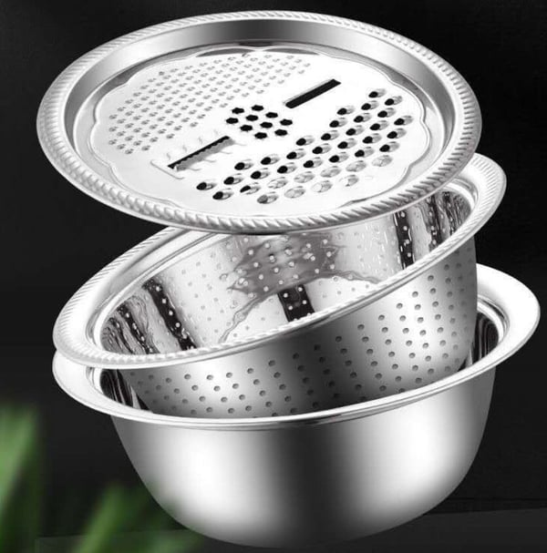 🥣 50% DI SCONTO ORA! Contenitore multifunzionale in acciaio inox dalla Germania – Set da 3 pezzi – perfetto per setacciare, grattugiare e conservare – acciaio inox 201 certificato alimentare 🍽️✨