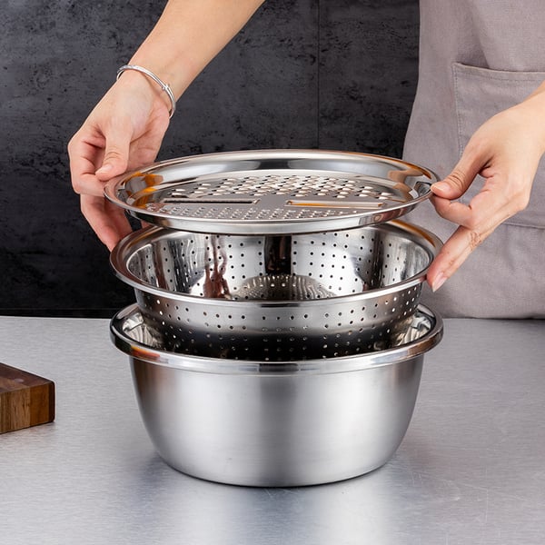 🥣 50% DI SCONTO ORA! Contenitore multifunzionale in acciaio inox dalla Germania – Set da 3 pezzi – perfetto per setacciare, grattugiare e conservare – acciaio inox 201 certificato alimentare 🍽️✨