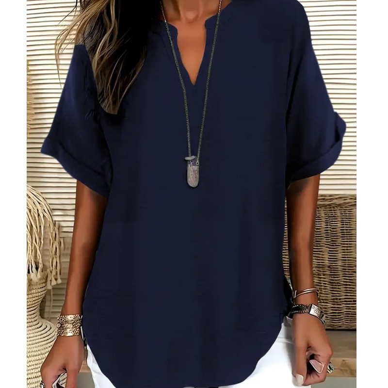 👚SCONTO DEL 60%! 🔥Top alla moda a maniche corte, ampio, con scollo a V profondo, orlo asimmetrico e tessuto leggero (5 colori, taglie dalla S alla 2XL) 🌸