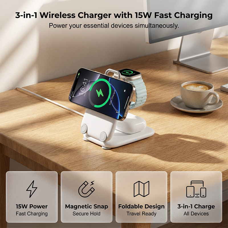 Supporto Caricabatterie Wireless Magnetico Pieghevole 3-in-1