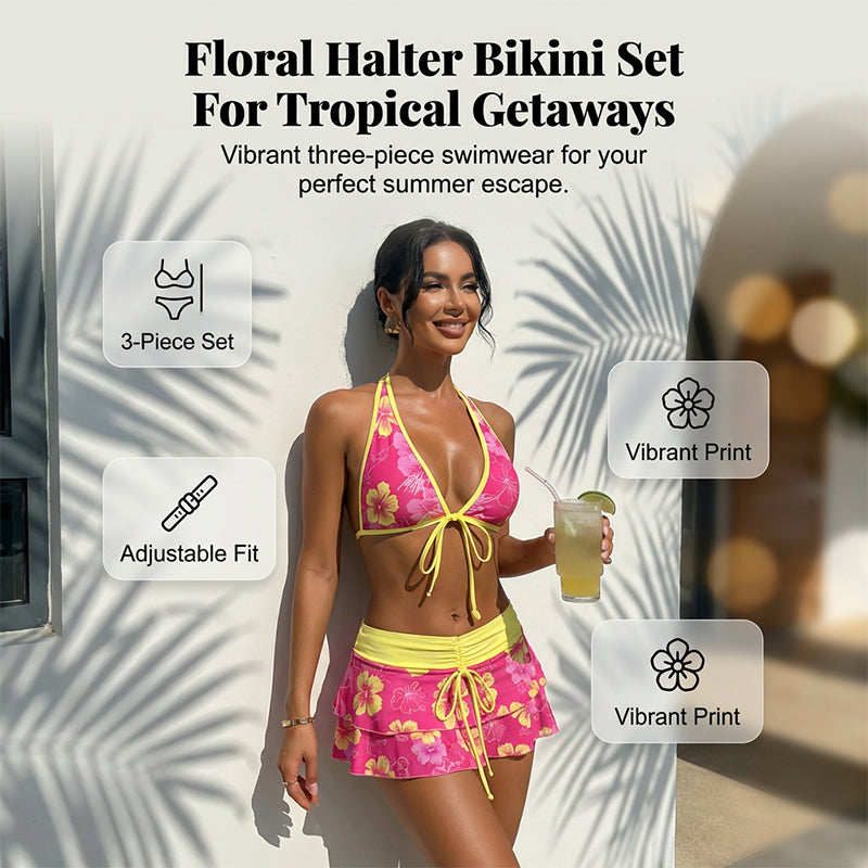 Set Bikini a 3 Pezzi con Stampa Floreale e Gonna a Volant
