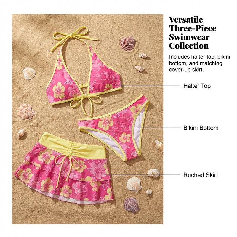 Set Bikini a 3 Pezzi con Stampa Floreale e Gonna a Volant