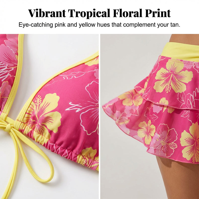 Set Bikini a 3 Pezzi con Stampa Floreale e Gonna a Volant