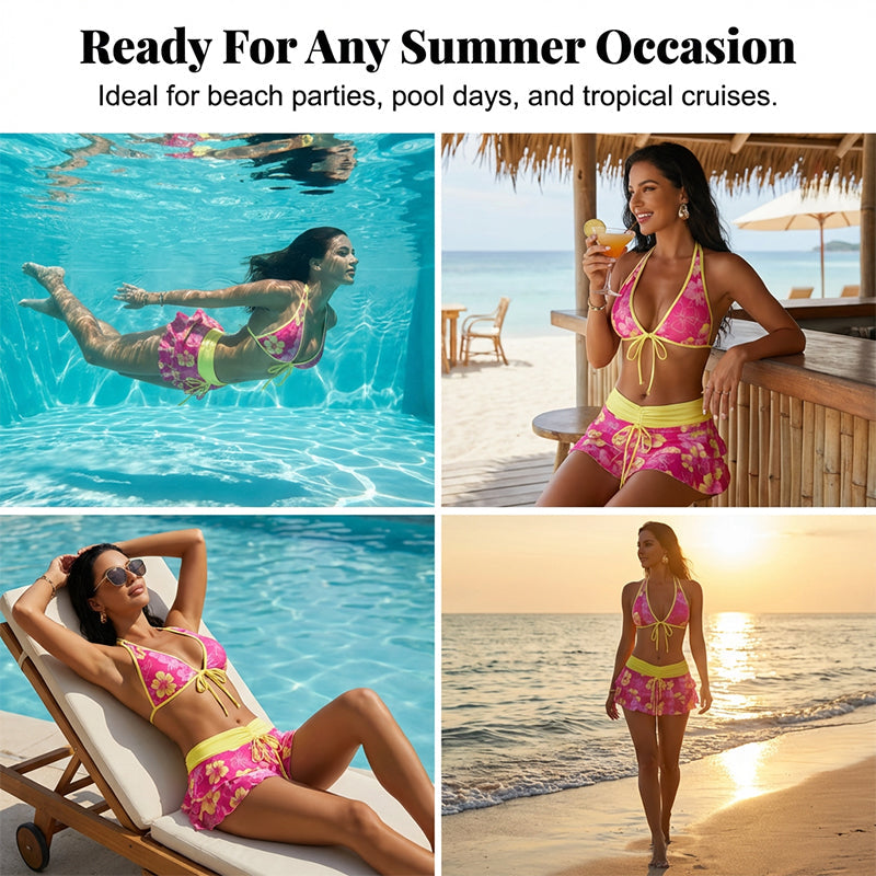 Set Bikini a 3 Pezzi con Stampa Floreale e Gonna a Volant